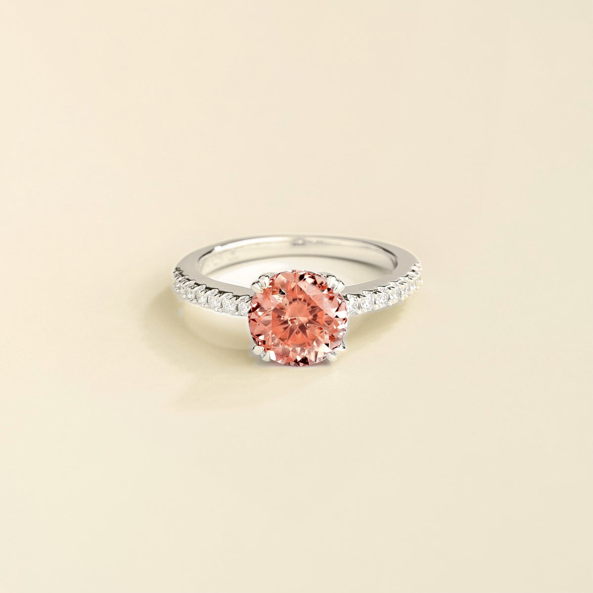 Como round lab-grown padparadscha sapphire solitaire pavé ring in white gold – front | Juvetti London