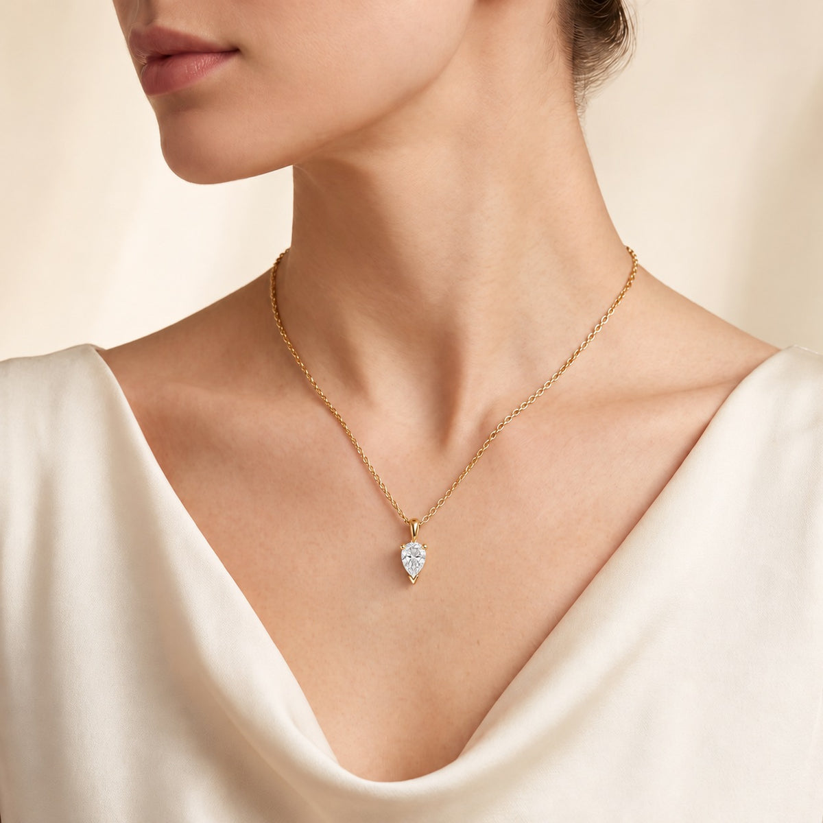 Pandal pear lab-grown diamond solitaire pendant necklace in gold – on model | Juvetti