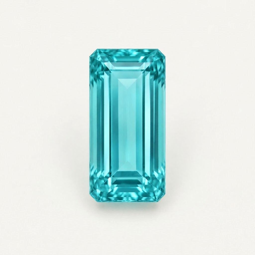 Paraiba-colour lab-grown sapphire, baguette cut