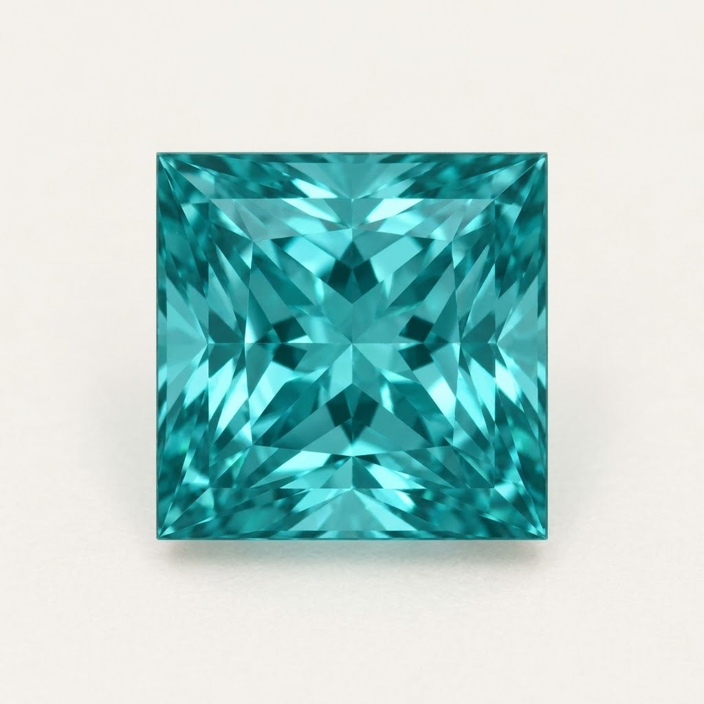 Paraiba-colour lab-grown sapphire, princess cut