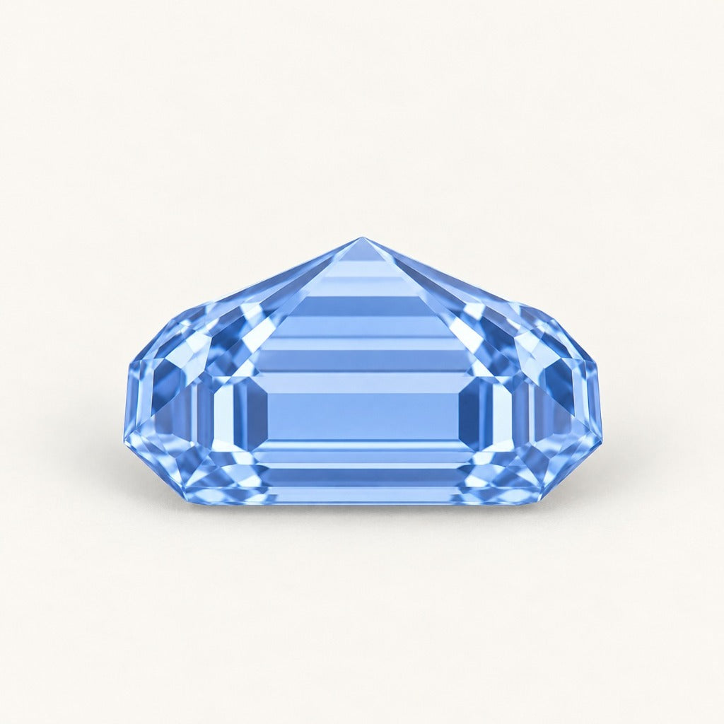 Pastel blue lab-grown sapphire, emerald cut, side view