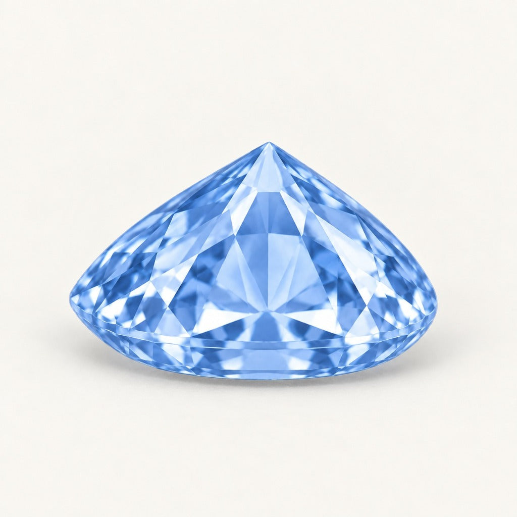 Pastel blue lab-grown sapphire, pear cut, side view