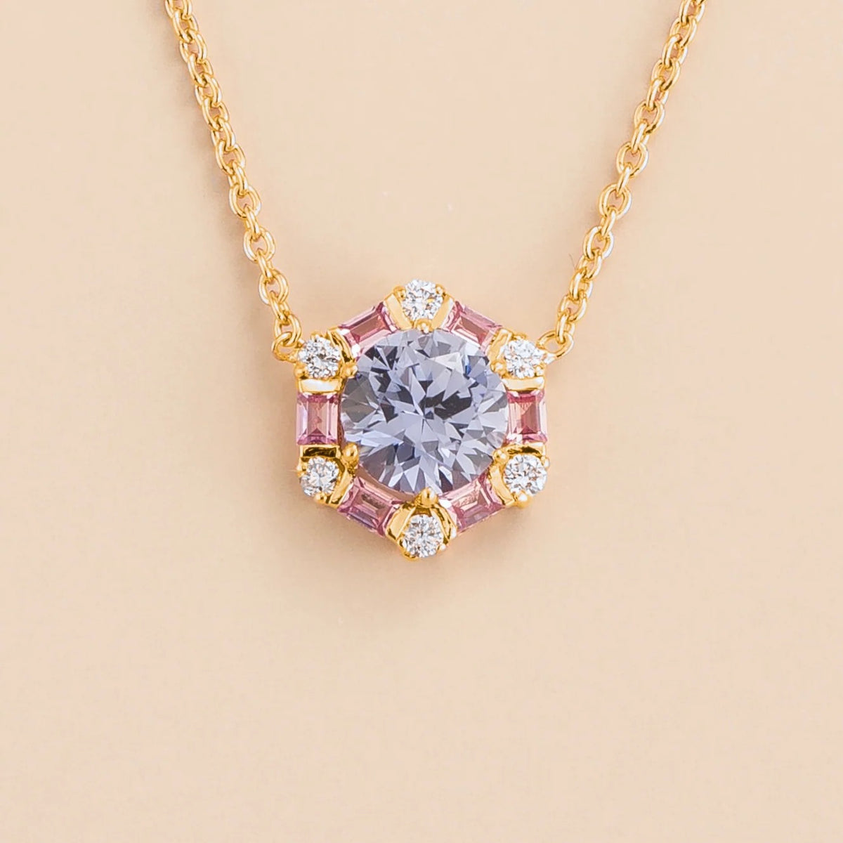 Melba pastel blue sapphire, pink sapphire & diamond halo hexagon pendant necklace in gold