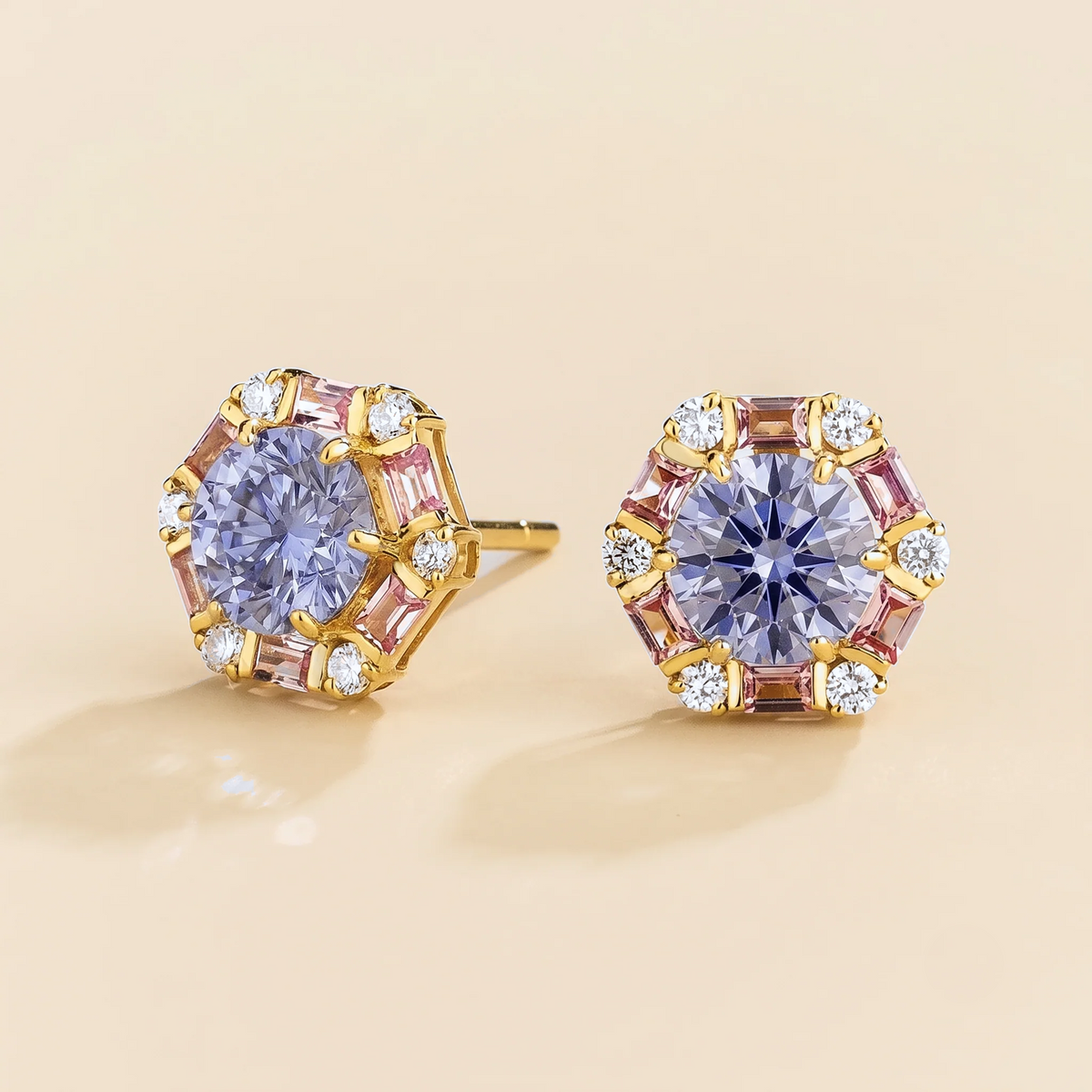 Melba Pastel Blue Sapphire, Pink Sapphire & Diamond Halo Hexagon Stud Earrings In Gold