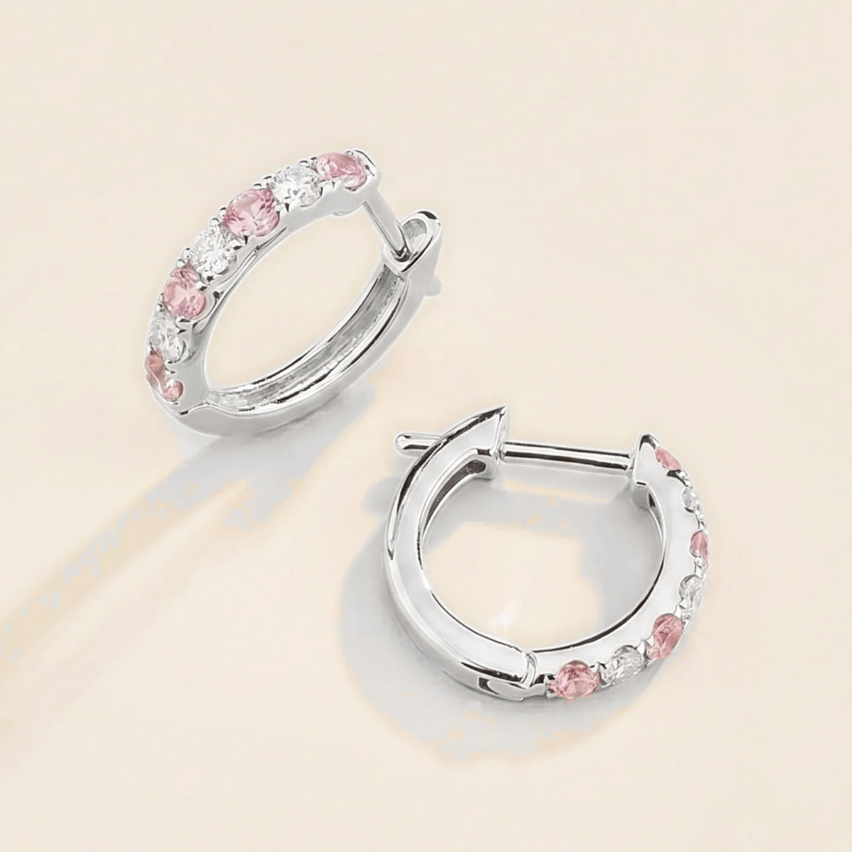 Stacy Pastel Pink Sapphire & Diamond Huggie Hoop Earrings in White Gold