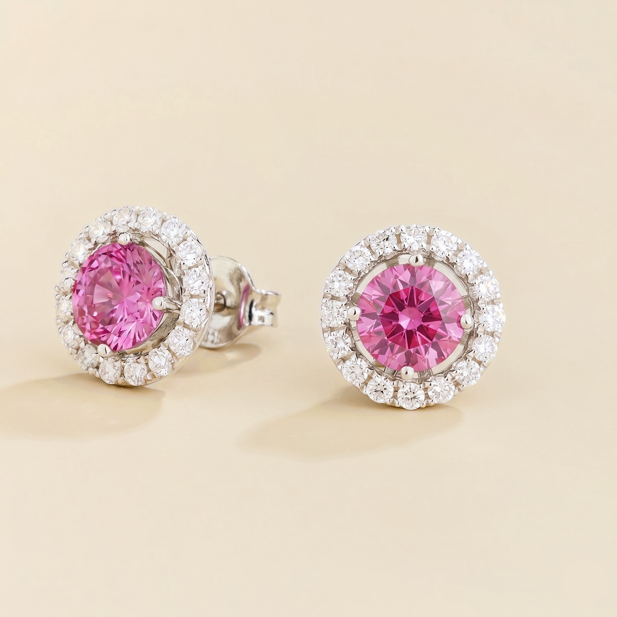 Floret round lab-grown pastel pink sapphire and diamond halo stud earrings in white gold – side | Juvetti London
