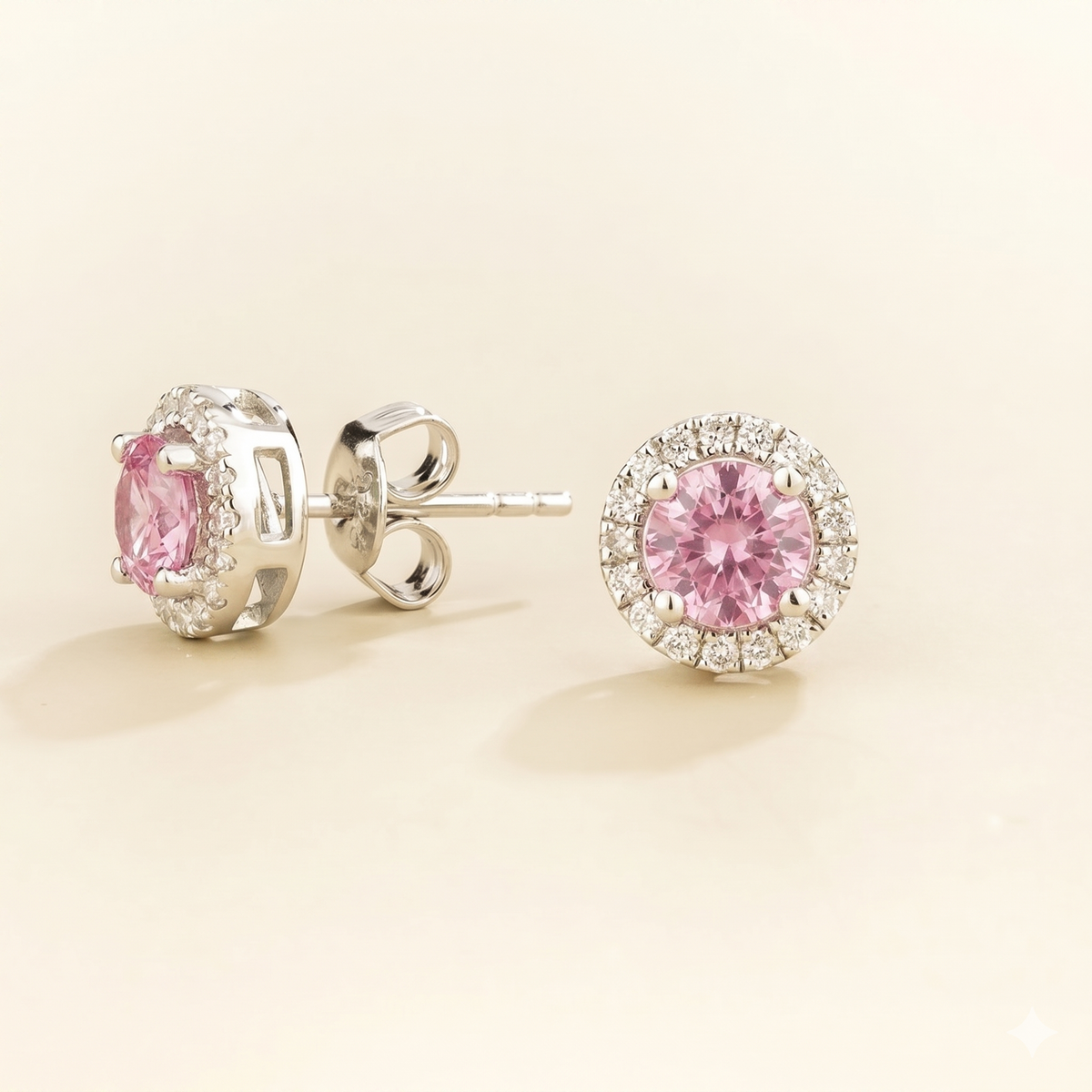 Mars Pastel Pink Sapphire Round & Diamond Halo Earrings In White Gold, side view