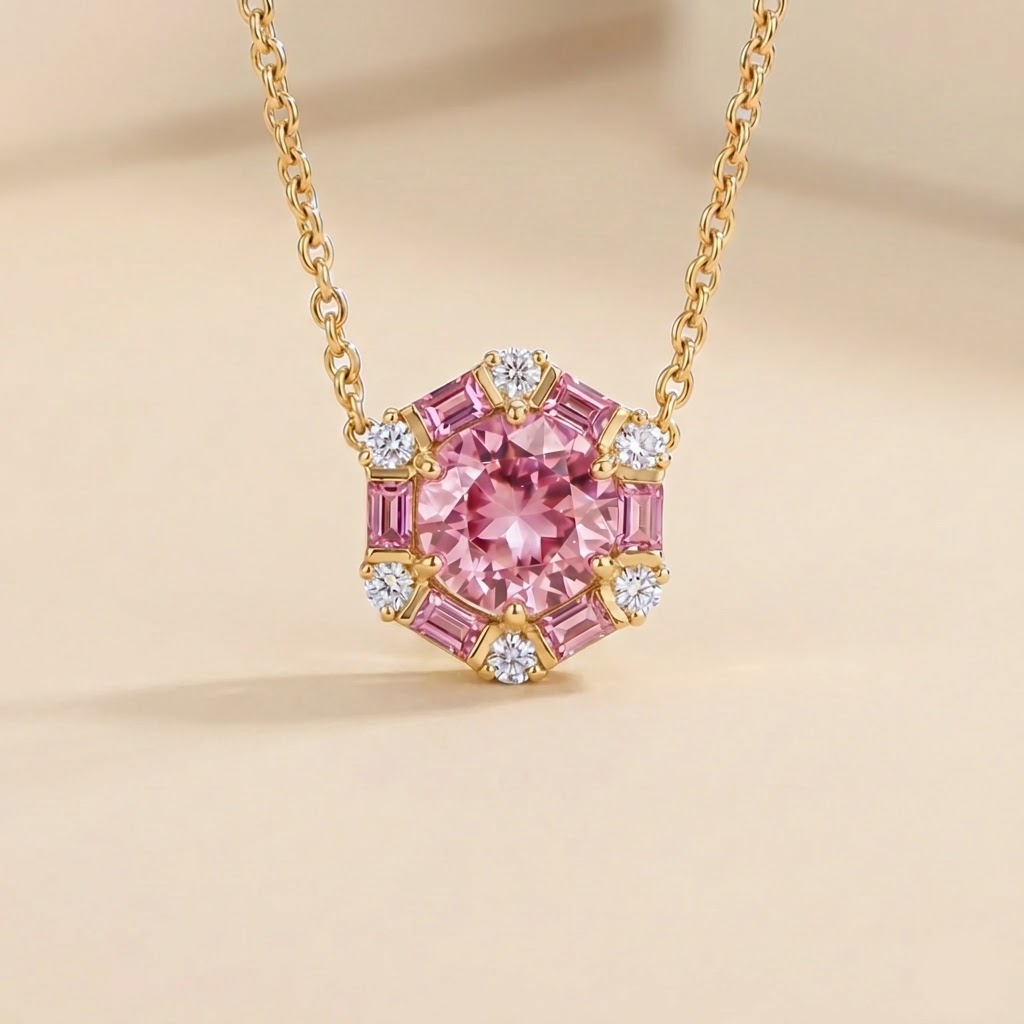 Melba Pink Sapphire & Diamond Halo Pendant Necklace in Gold | Juvetti