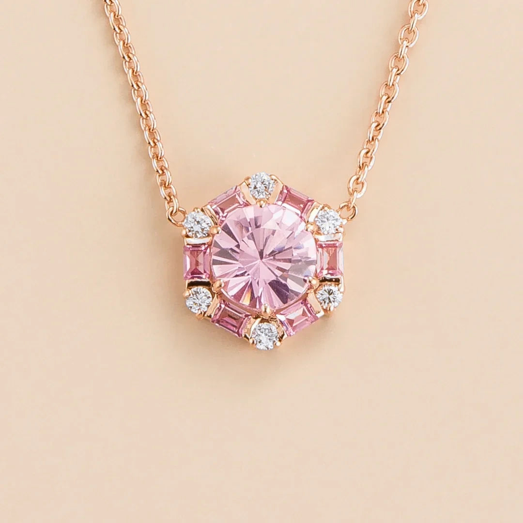 Melba hexagon necklace in 18K pink gold vermeil set with lab grown Pink sapphire and Diamond gem stones.