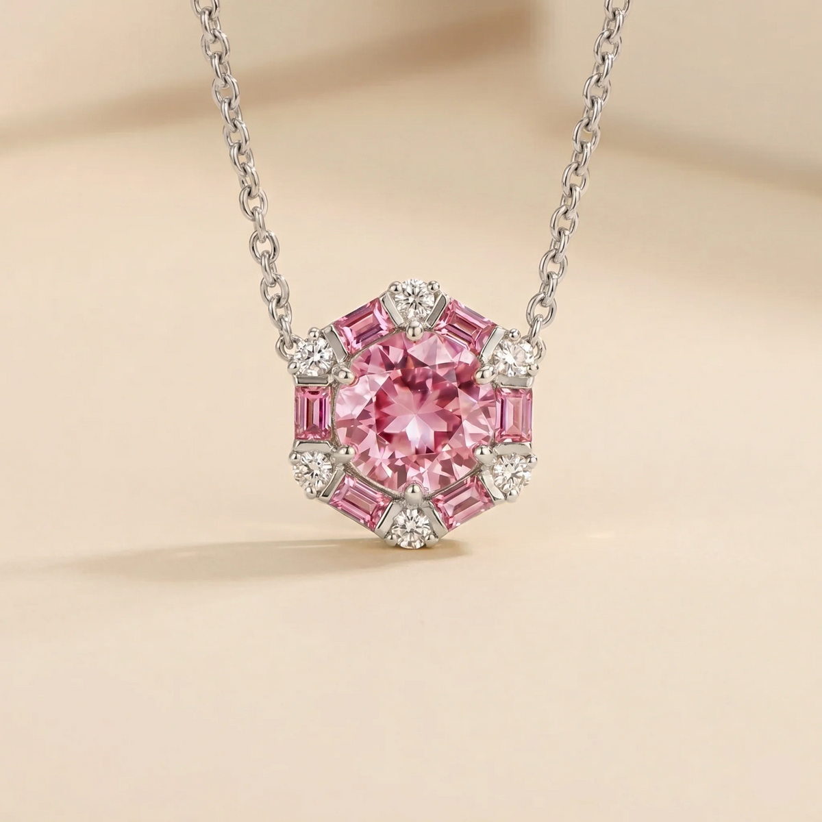 Melba Pink Sapphire & Diamond Halo Hexagon Pendant Necklace in White Gold | Juvetti