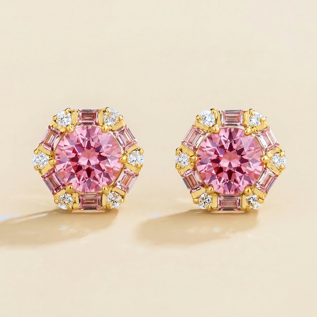 Lab-grown pink sapphire and diamond halo stud earrings in gold | Juvetti London