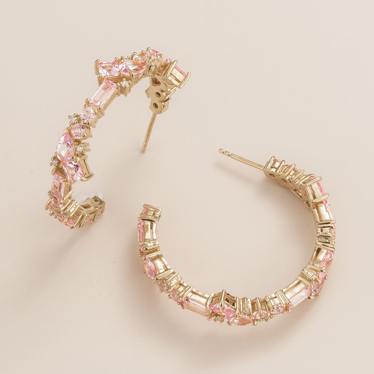 Mixed-cut lab-grown pink sapphire and diamond hoop earrings, Lanna large design in white gold | Juvetti London