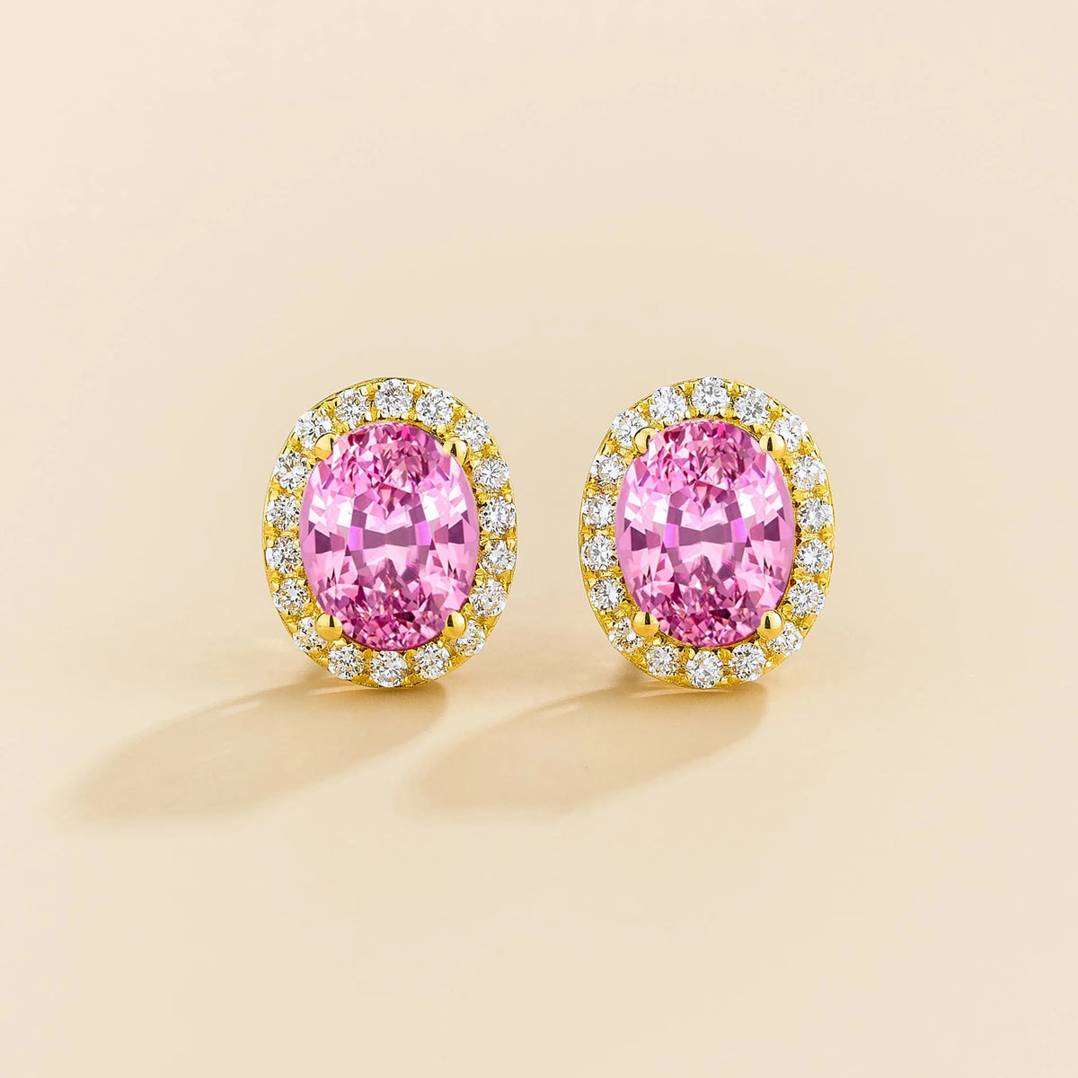 Lab-grown pink sapphire and diamond oval halo stud earrings in gold – front view | Mina by Juvetti