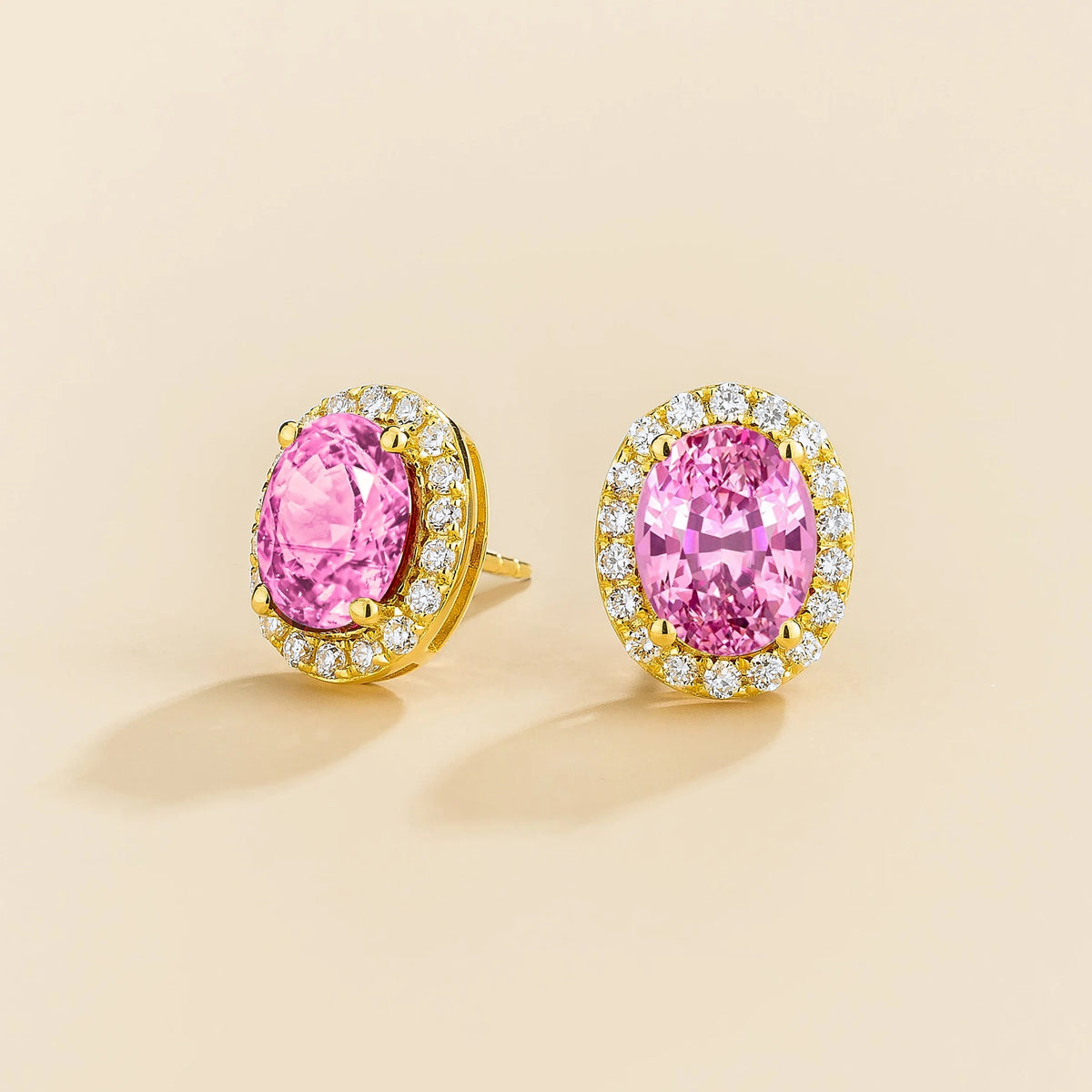 Lab-grown pink sapphire and diamond oval halo stud earrings in gold – side view | Mina by Juvetti