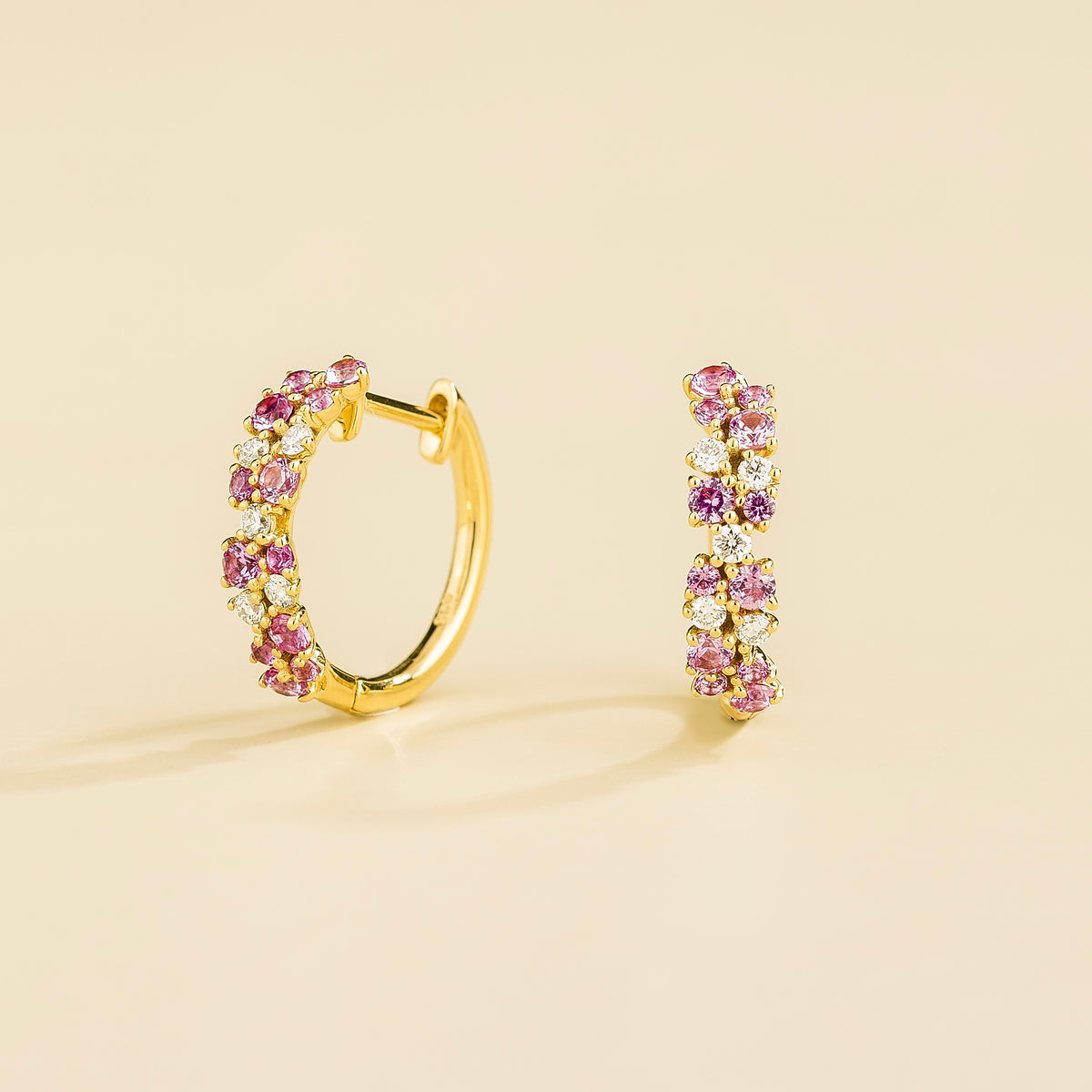Starry pink sapphire & diamond cluster huggie hoop earrings in gold
