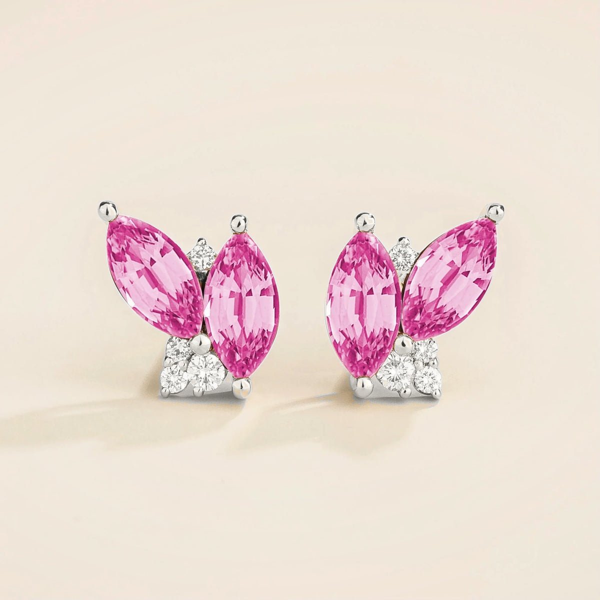 Vento marquise pink sapphire & diamond cluster stud earrings in white gold
