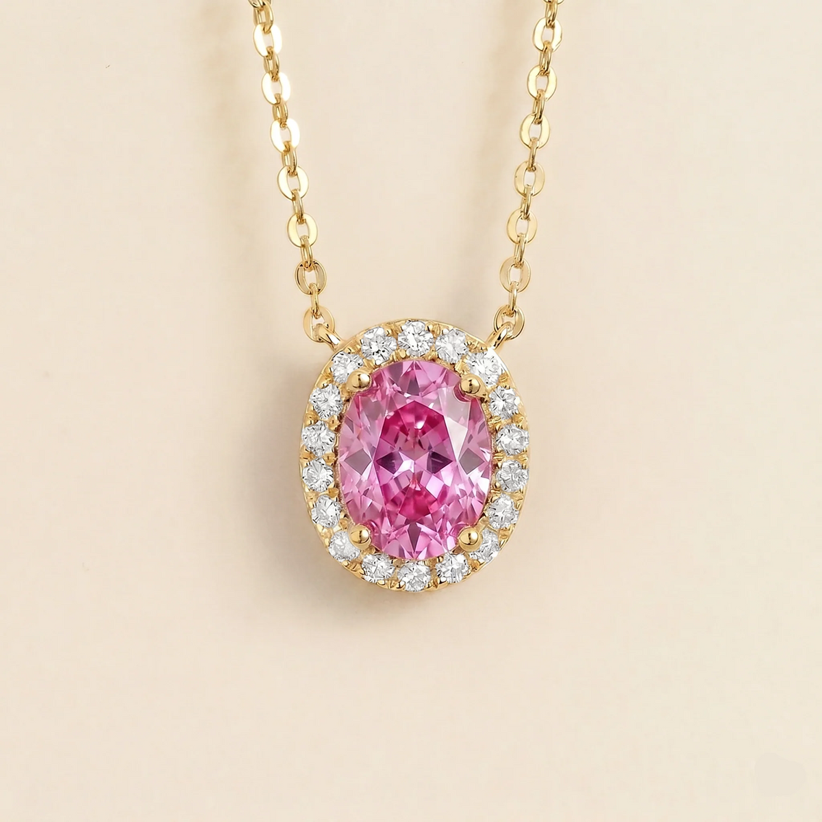 Lab-grown pink sapphire and diamond oval halo necklace in gold – front view | Mina by Juvetti