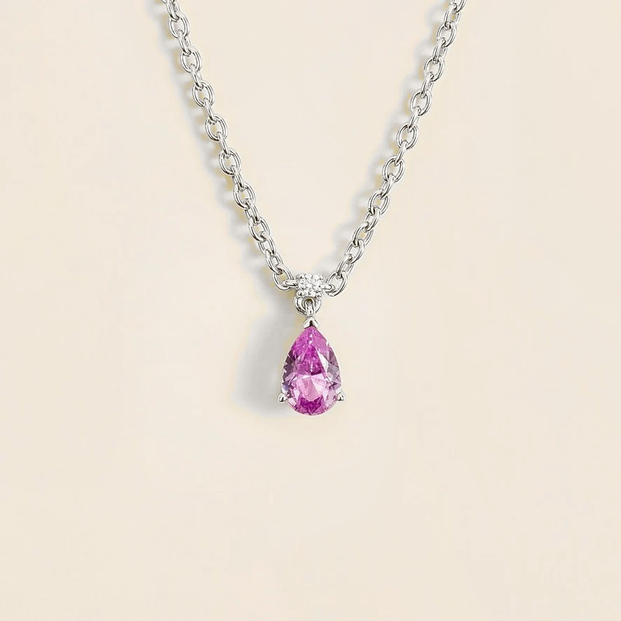 Lab-grown pink sapphire and diamond pear drop pendant necklace in white gold, small – front view | Pisa by Juvetti