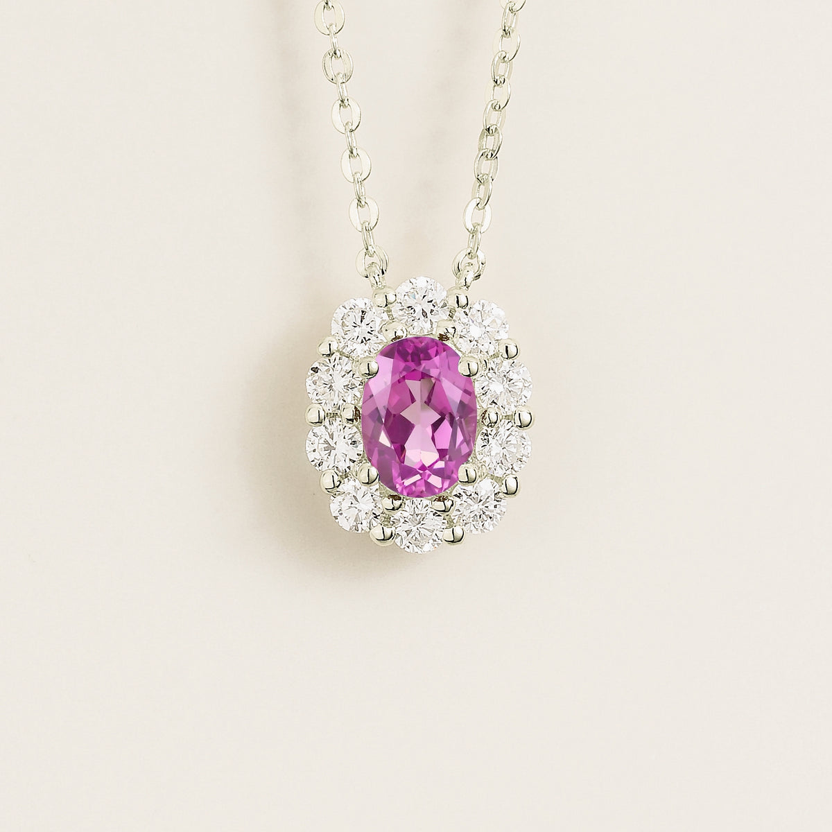 Prill Pink Sapphire Oval & Diamond Halo Pendant Necklace in White Gold | Juvetti