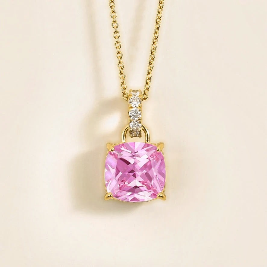 Roue pink sapphire cushion cut & diamond hoop pendant necklace in gold