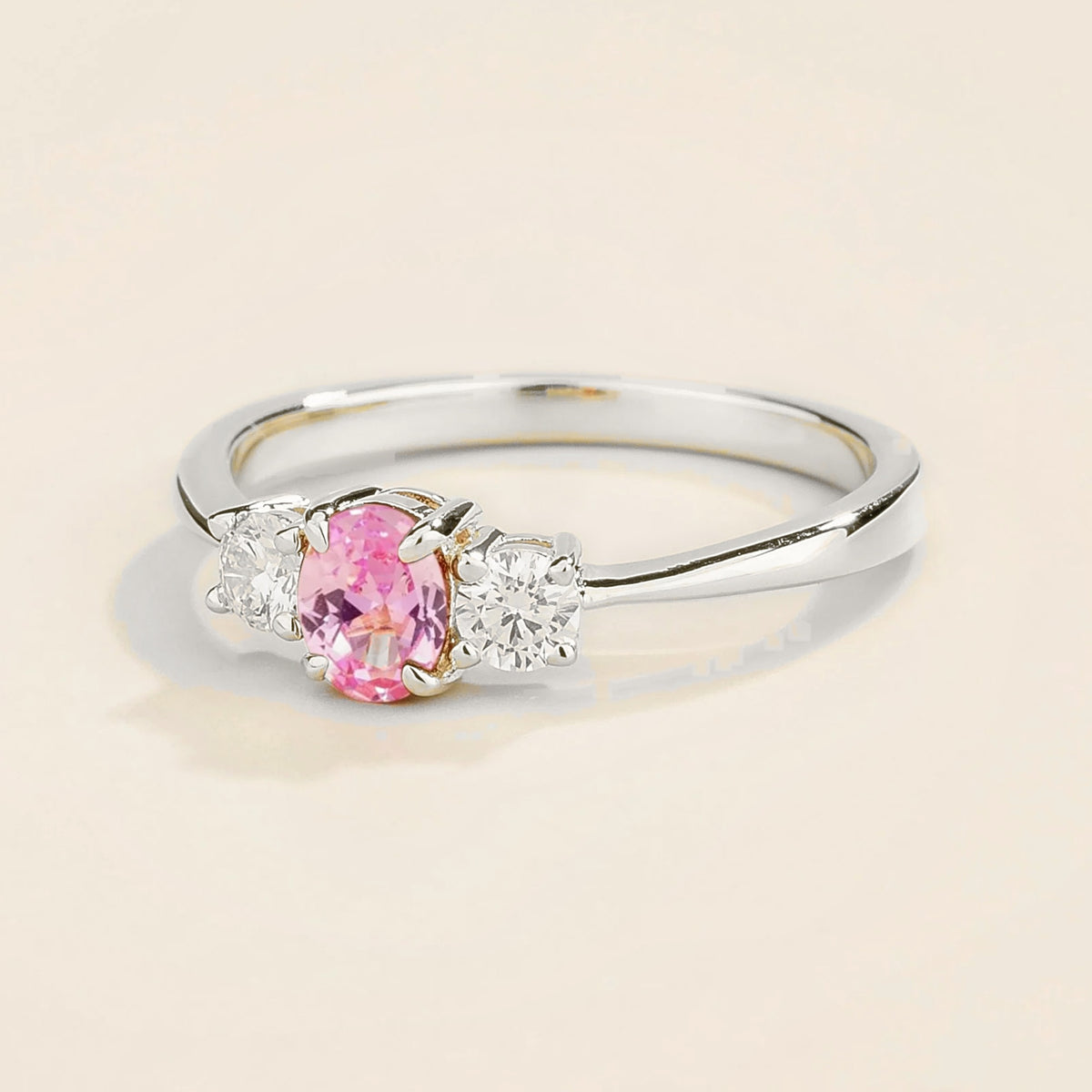Boble Pink Sapphire Oval & Diamond Three-Stone Ring in White Gold – angle view