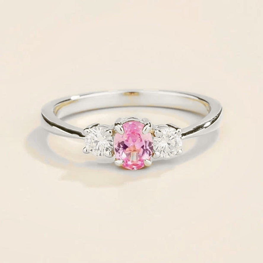 Boble pink sapphire oval & diamond three-stone ring in white gold