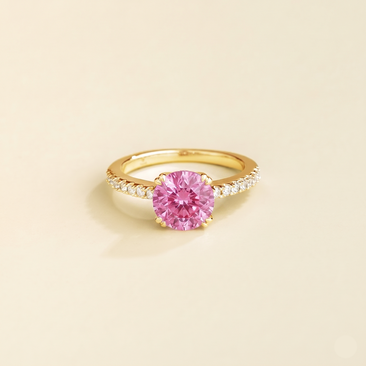 Como round lab-grown pink sapphire solitaire pavé ring in gold – front | Juvetti London