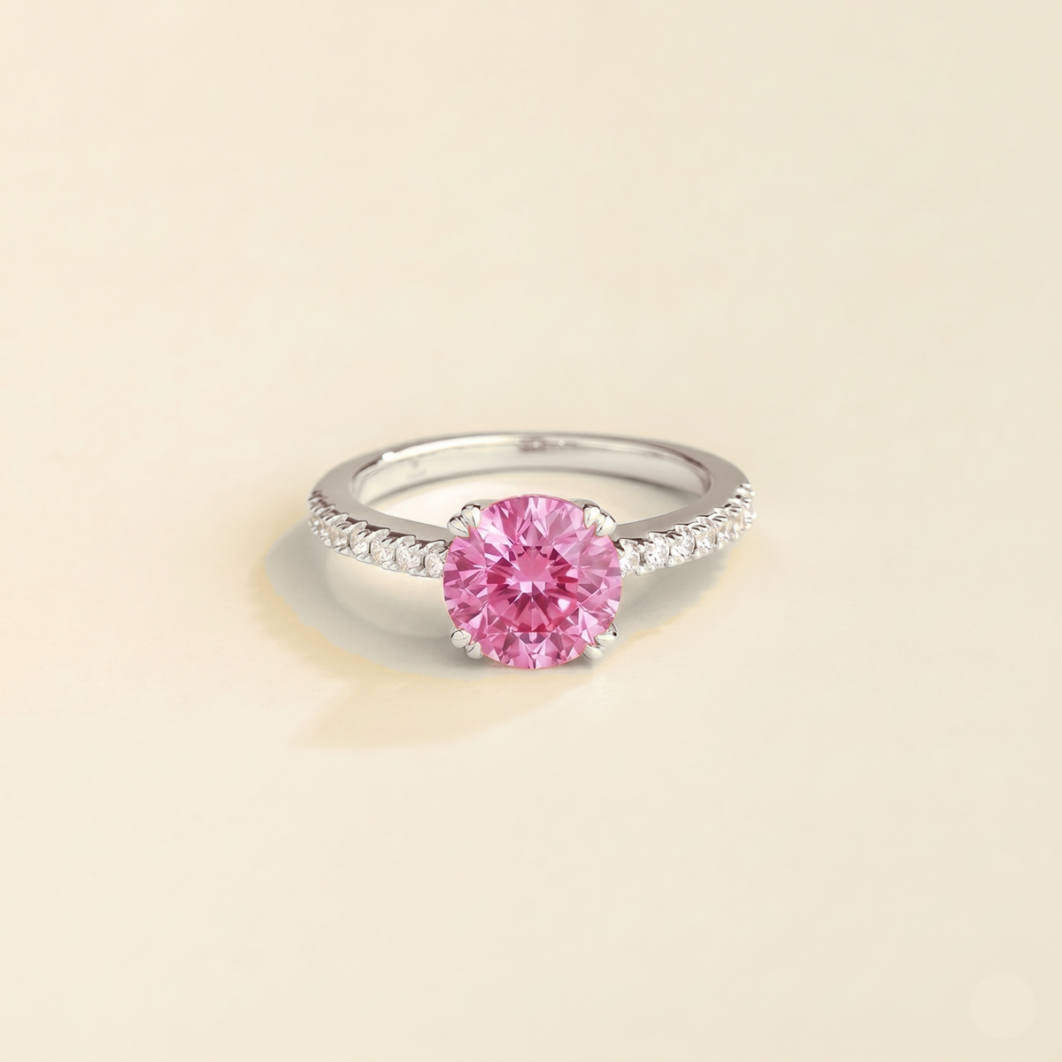 Como round lab-grown pink sapphire solitaire pavé ring in white gold – front | Juvetti London