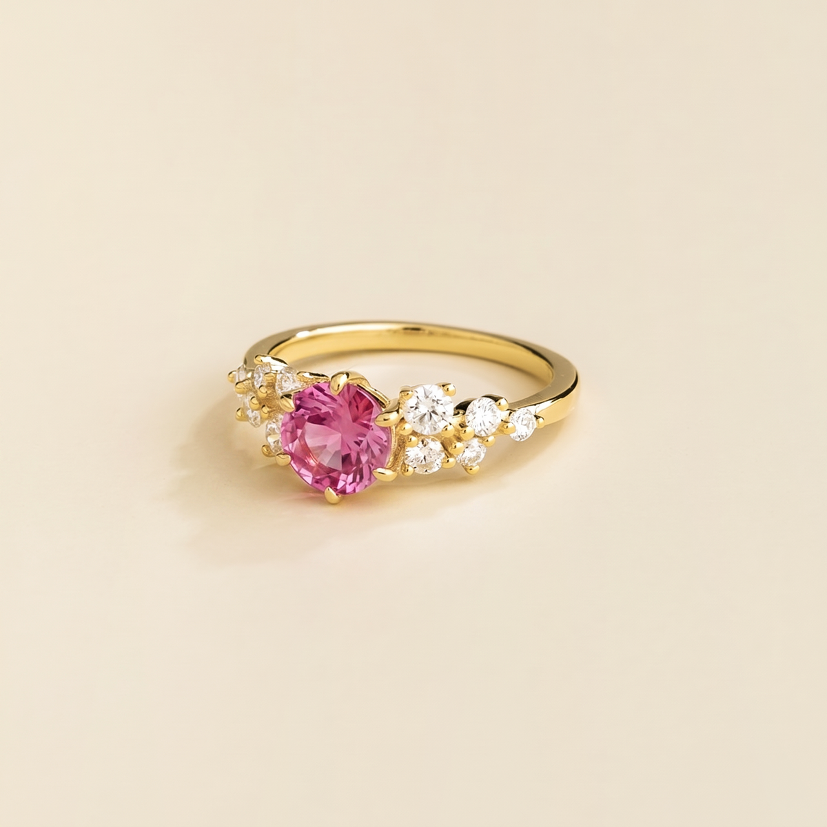 Floret round lab-grown pink sapphire and diamond cluster ring in gold – side | Juvetti London