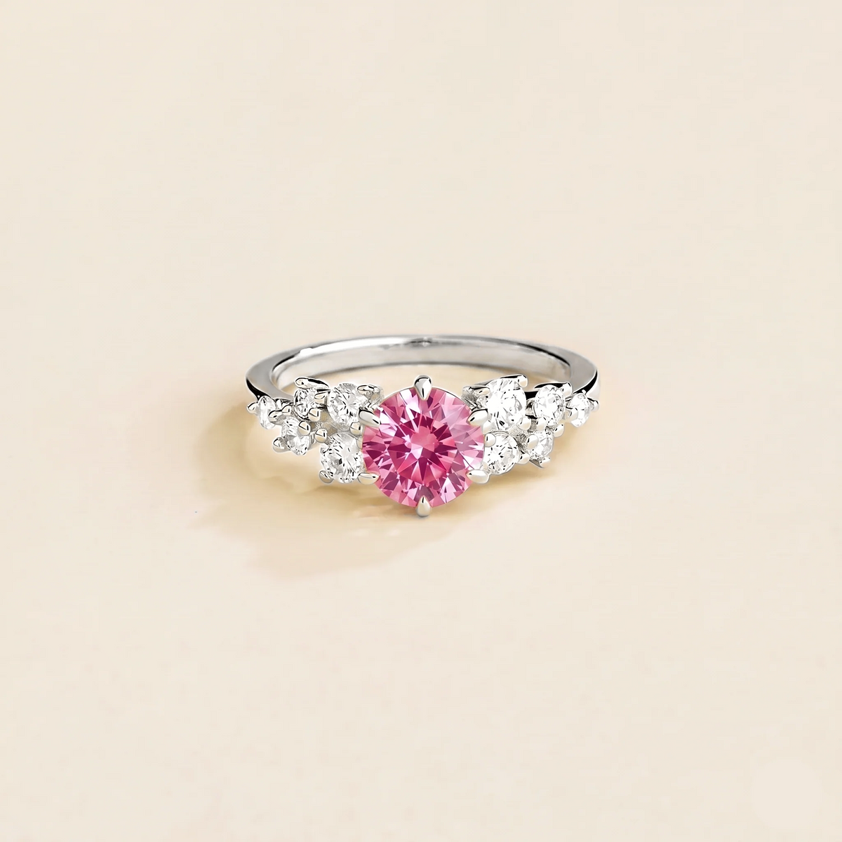 Floret round lab-grown pink sapphire and diamond cluster ring in white gold – front | Juvetti London