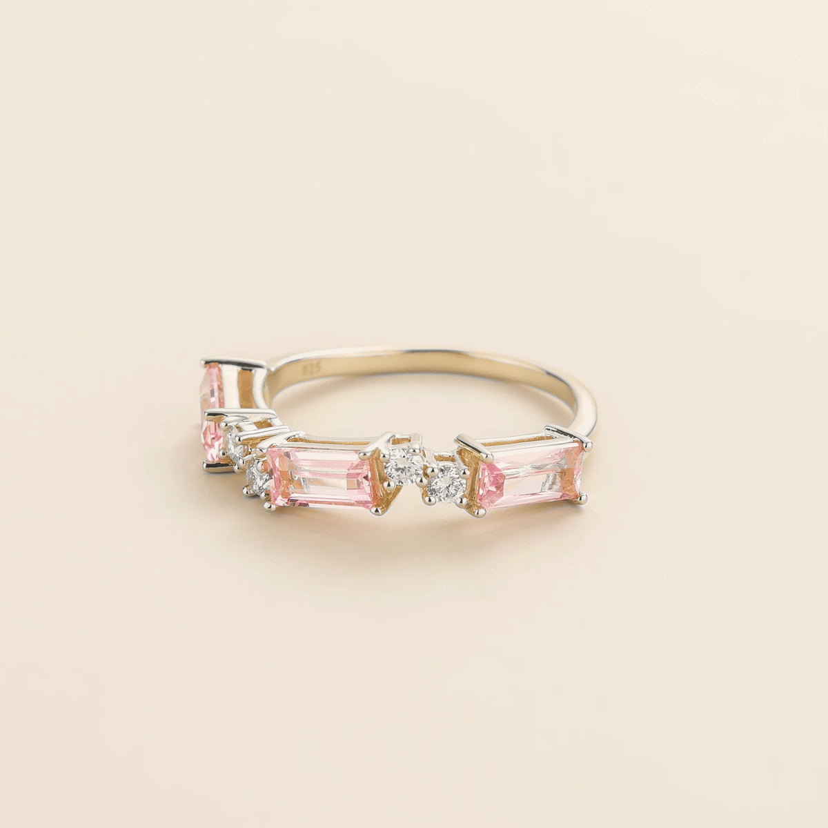 Forma Pink Sapphire & Diamond Baguette Cut Three-Stone White Gold Ring