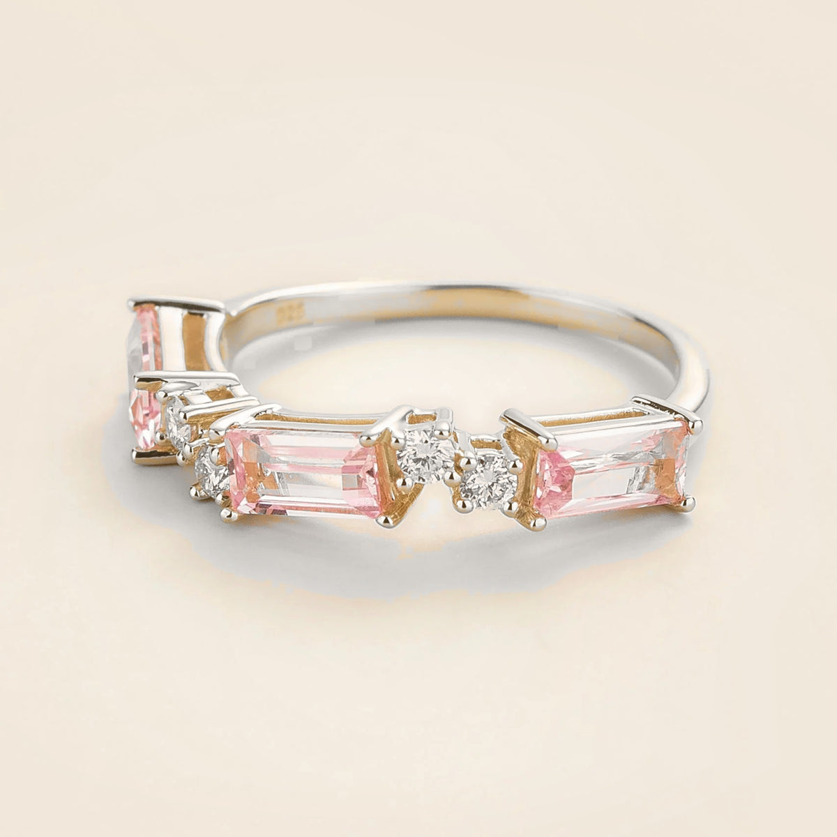 Forma Pink Sapphire & Diamond Baguette Cut Three-Stone White Gold Ring