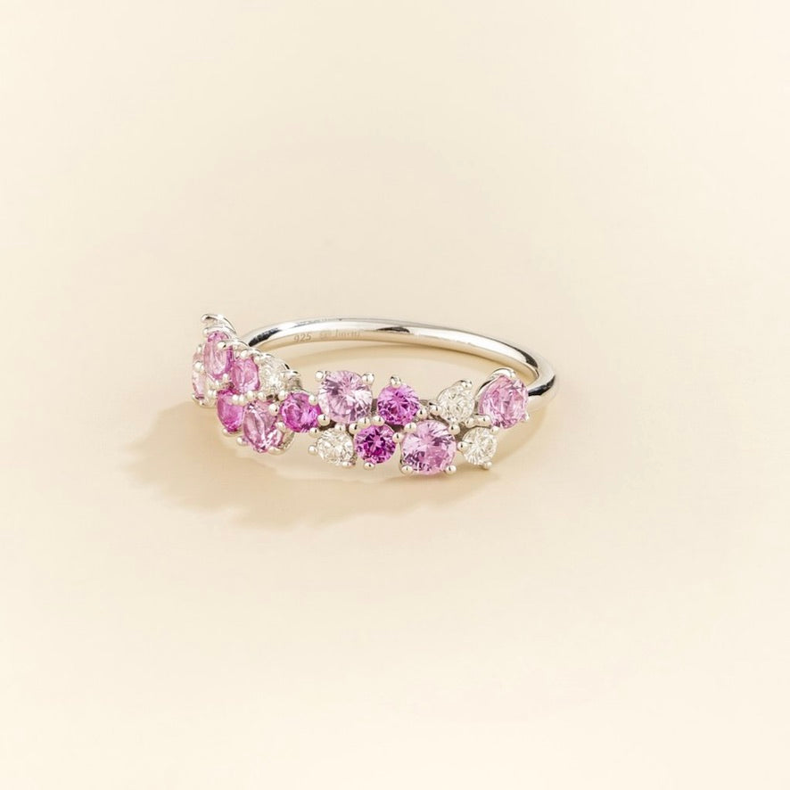Starry Pink Sapphire & Diamond Cluster Ring in White Gold – angle view