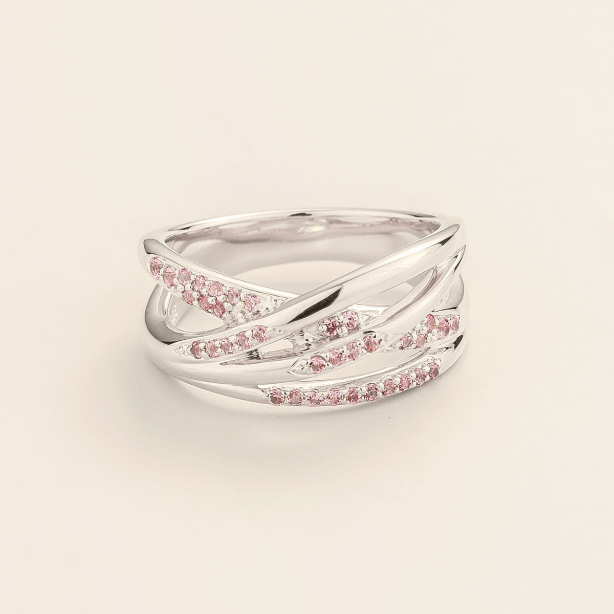 Val multi-row crossover band ring with lab-grown pink sapphires in white gold – front view | Juvetti London