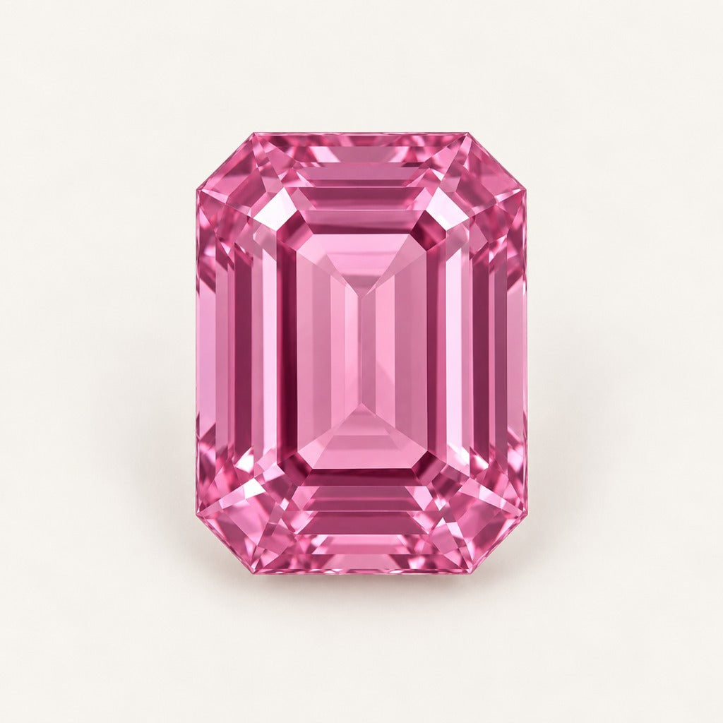 Pink lab-grown sapphire, emerald cut