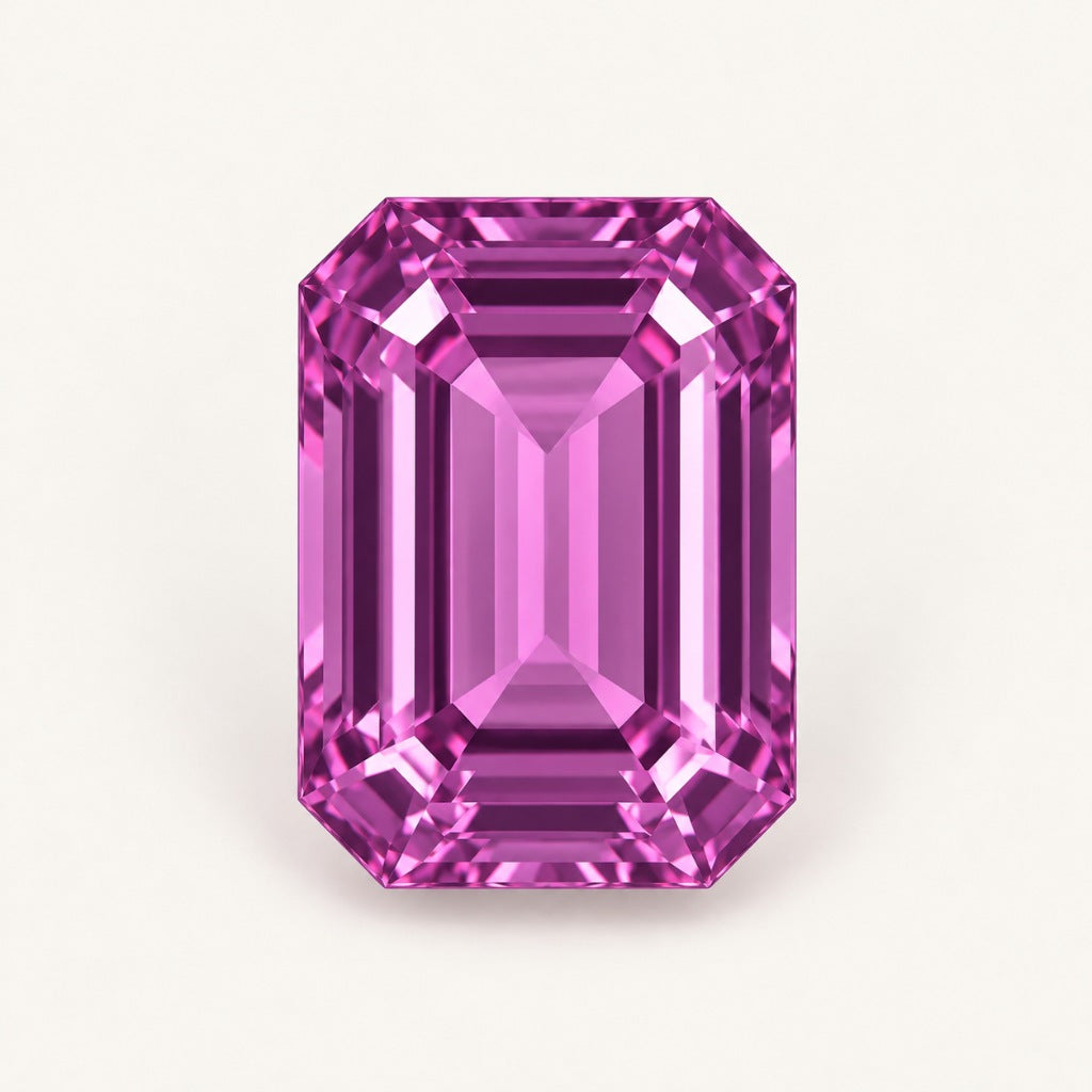 Pinkish-purple lab-grown sapphire, emerald cut
