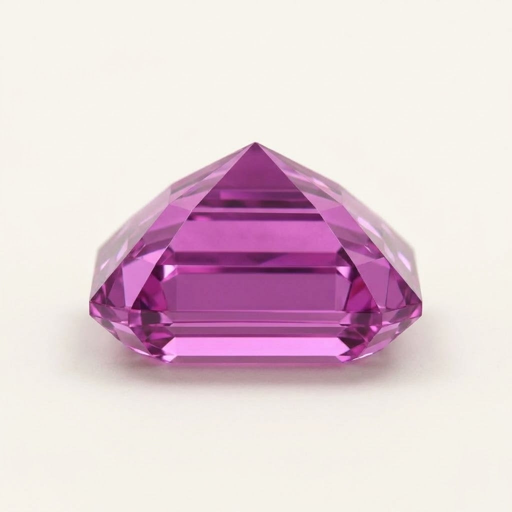 Pinkish-purple lab-grown sapphire, emerald cut, side view