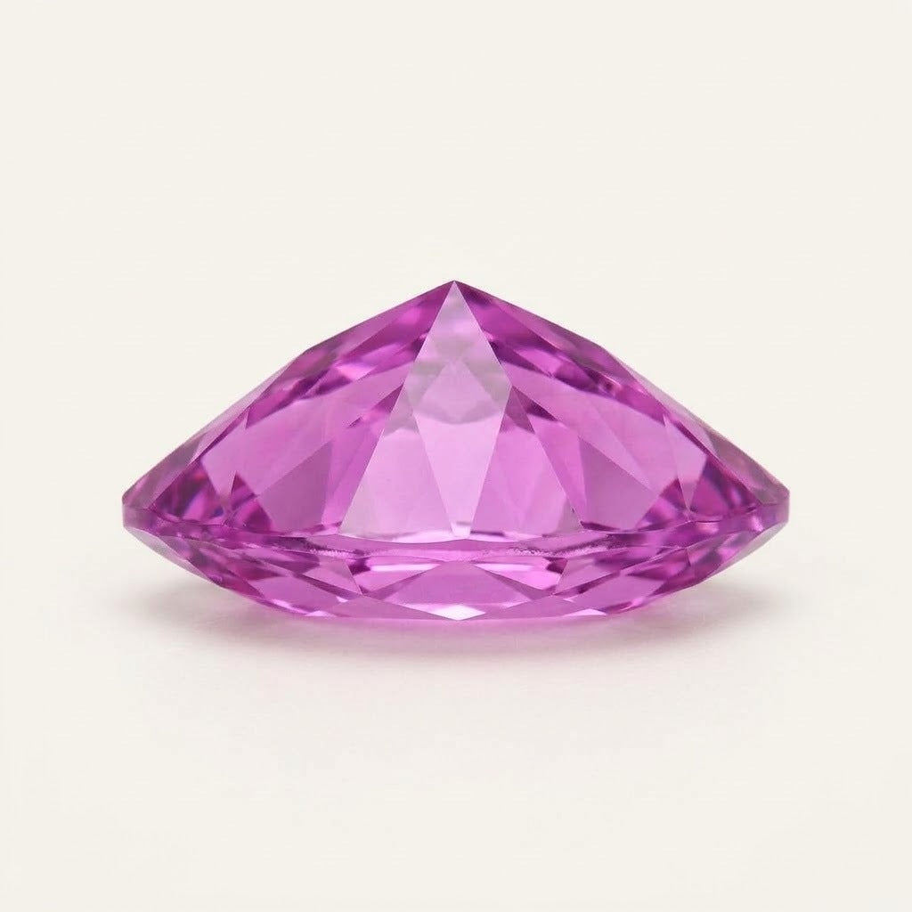 Pinkish-purple lab-grown sapphire, marquise cut, side view