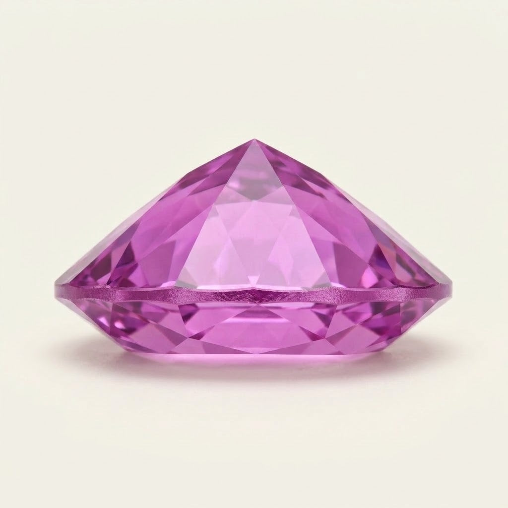 Pinkish-purple lab-grown sapphire, pear cut, side view