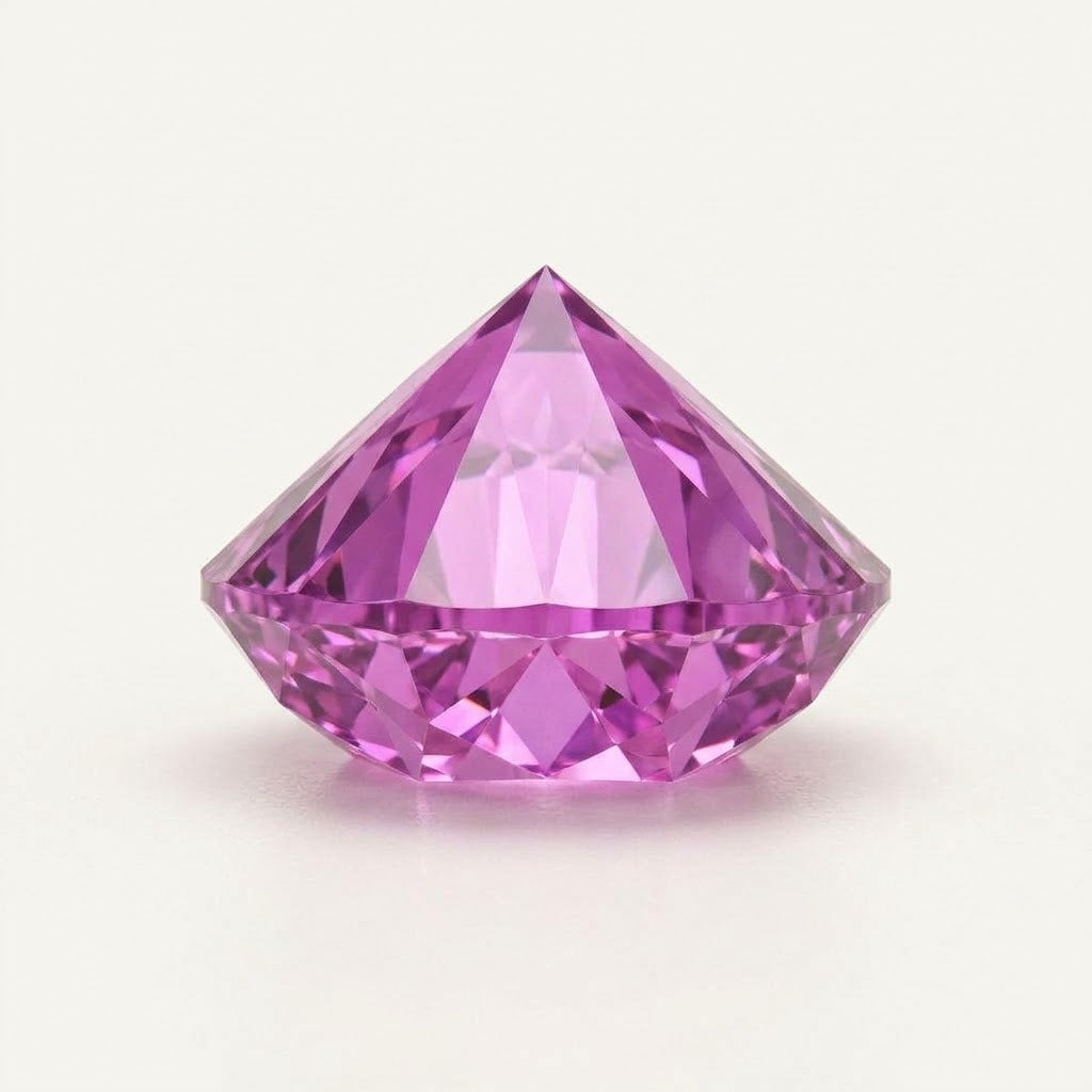 Pinkish-purple lab-grown sapphire, round cut, side view