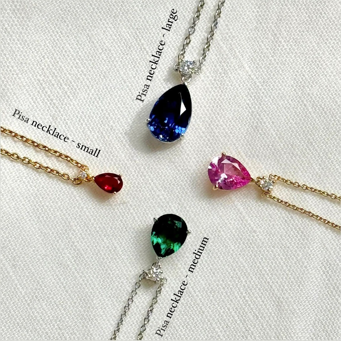 Pisa necklace size guide: small, medium and large pear drop pendants in ruby, sapphire, emerald and pink sapphire | Juvetti