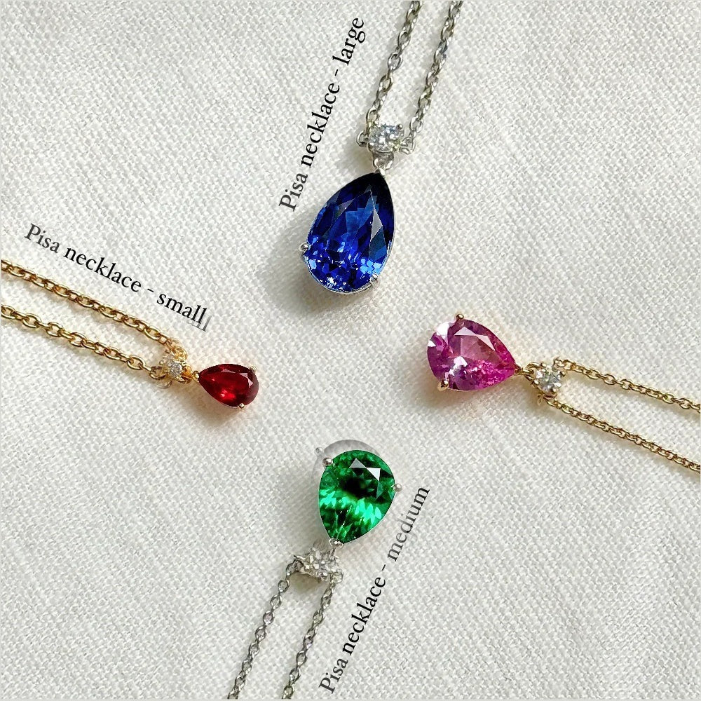 Pisa necklace size guide: small, medium and large pear drop pendants in ruby, sapphire, emerald and pink sapphire | Juvetti