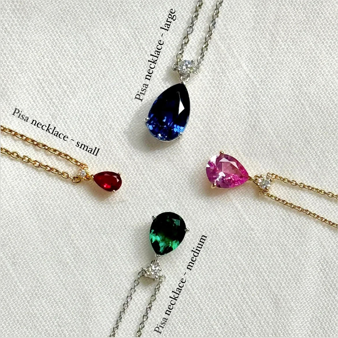 Pisa necklace size guide: small, medium and large pear drop pendants in ruby, sapphire, emerald and pink sapphire | Juvetti