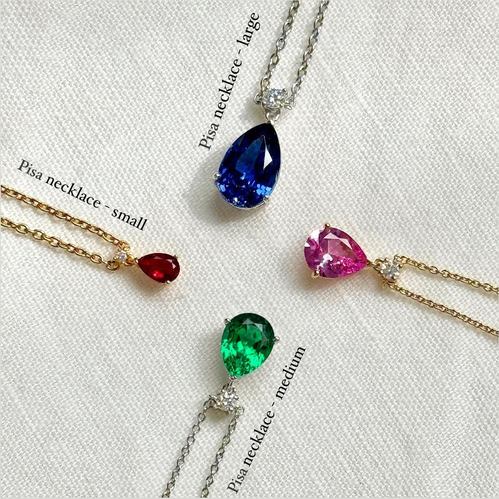 Pisa necklace size guide: small, medium and large pear drop pendants in ruby, sapphire, emerald and pink sapphire | Juvetti