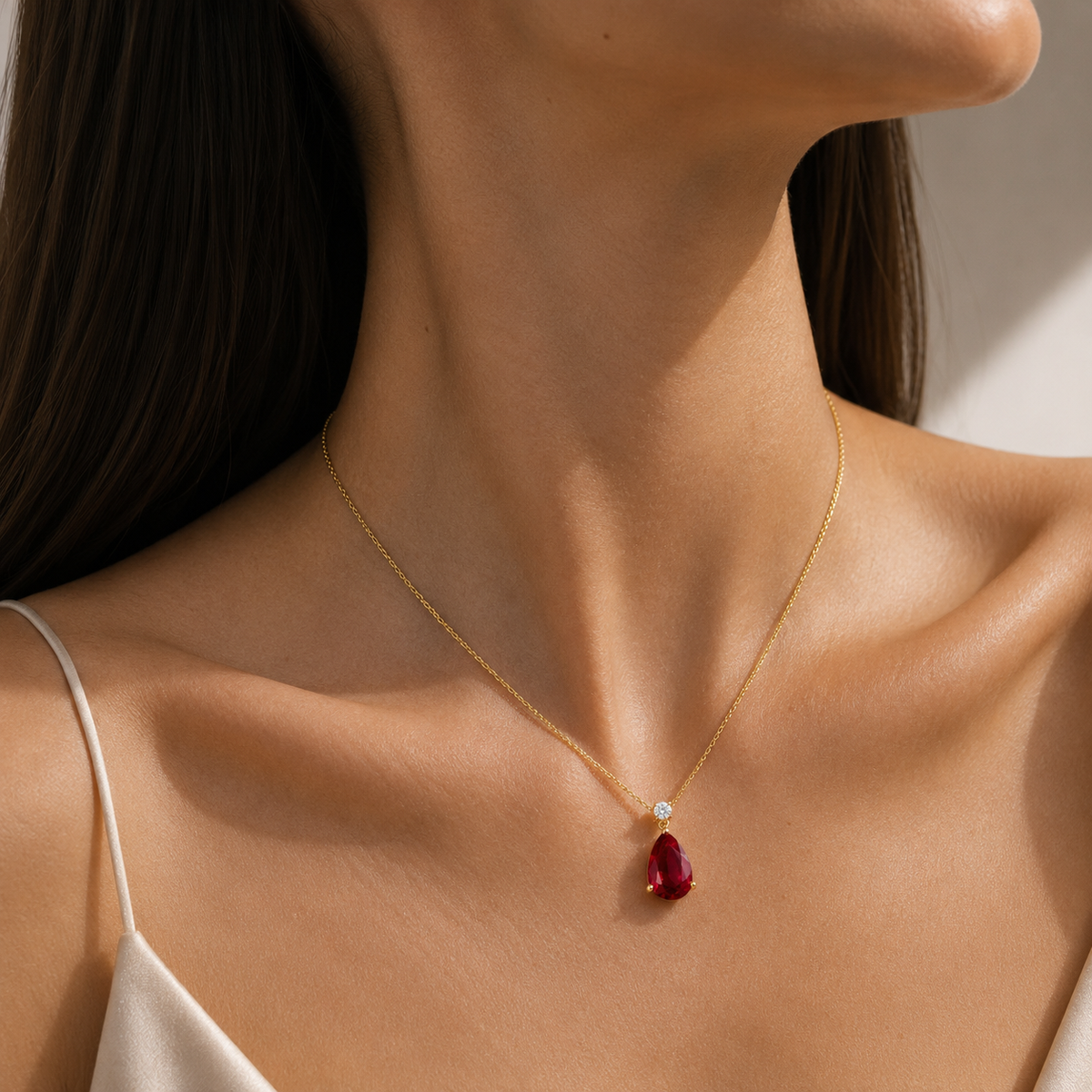 Pisa Ruby & Diamond Pear Drop Pendant Necklace In Gold - Large