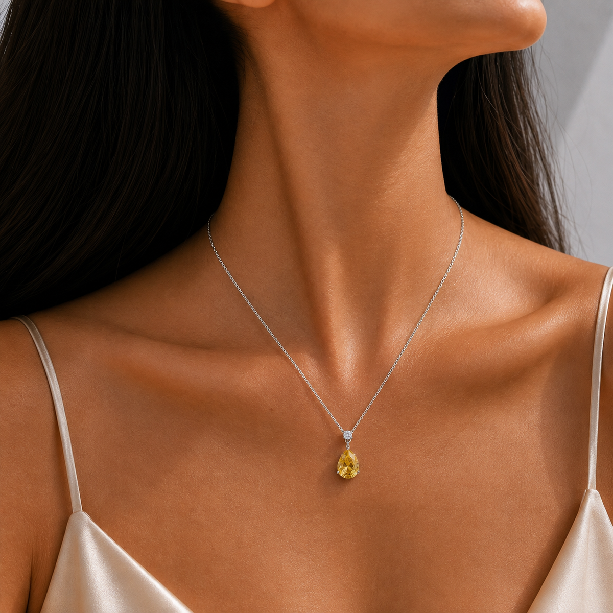 Pisa Yellow Sapphire & Diamond Pear Drop Pendant Necklace In White Gold - Medium