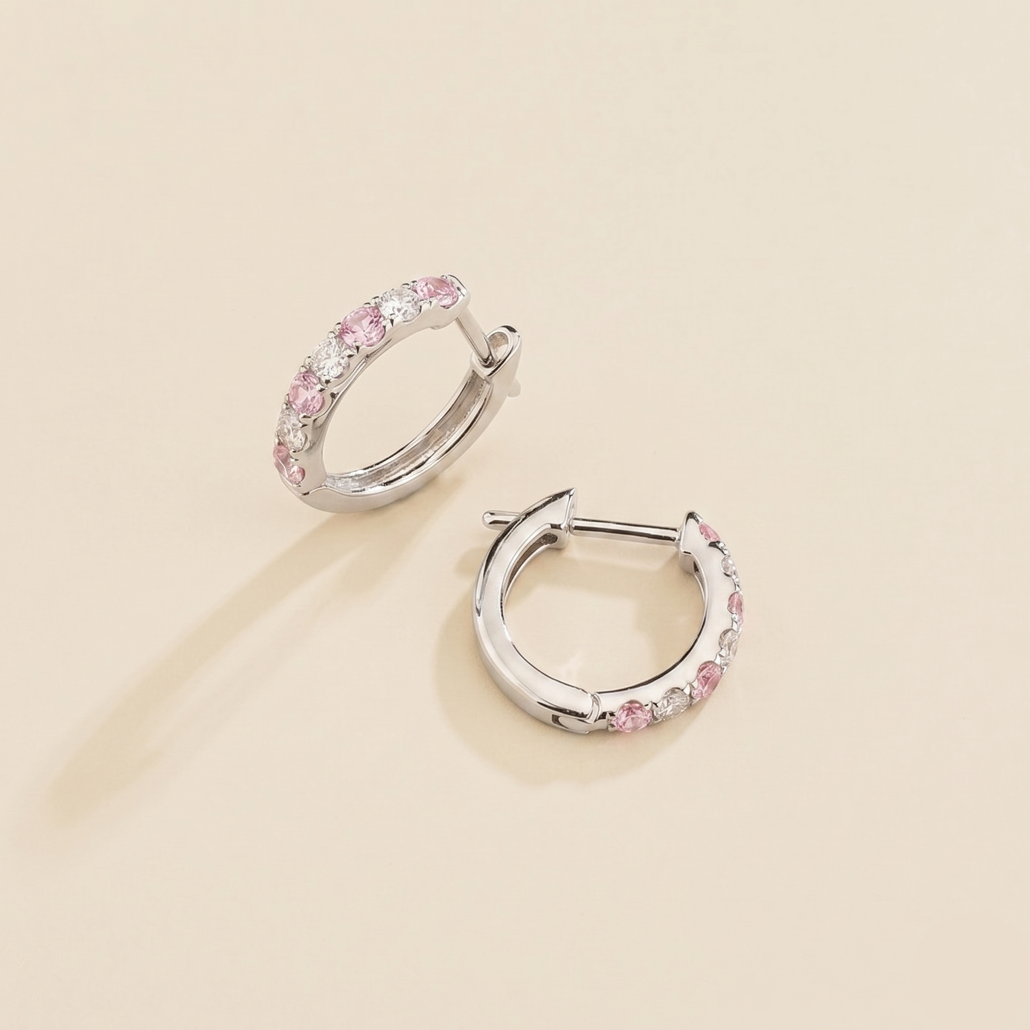 Stacy Pastel Pink Sapphire & Diamond Huggie Hoop Earrings in White Gold