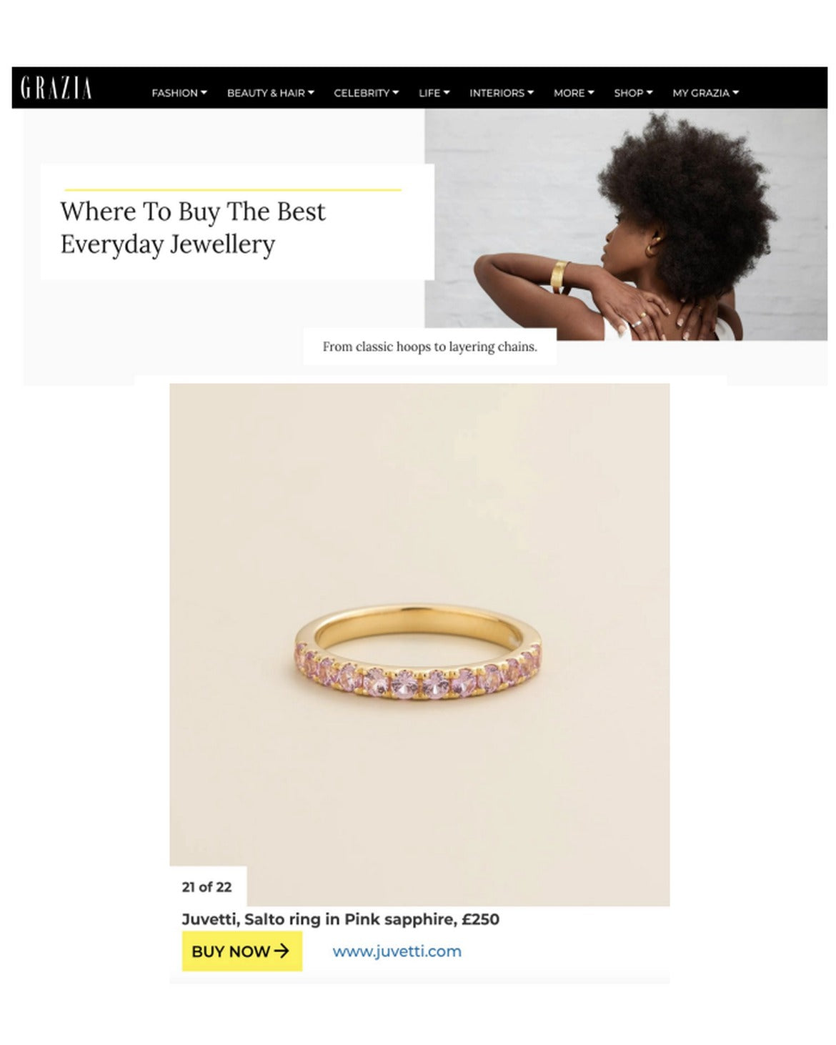 Juvetti Salto pink sapphire ring featured in Grazia: Where To Buy The Best Everyday Jewellery