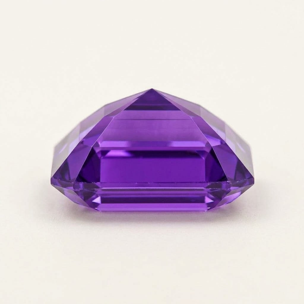 Purple lab-grown sapphire, emerald cut, side view
