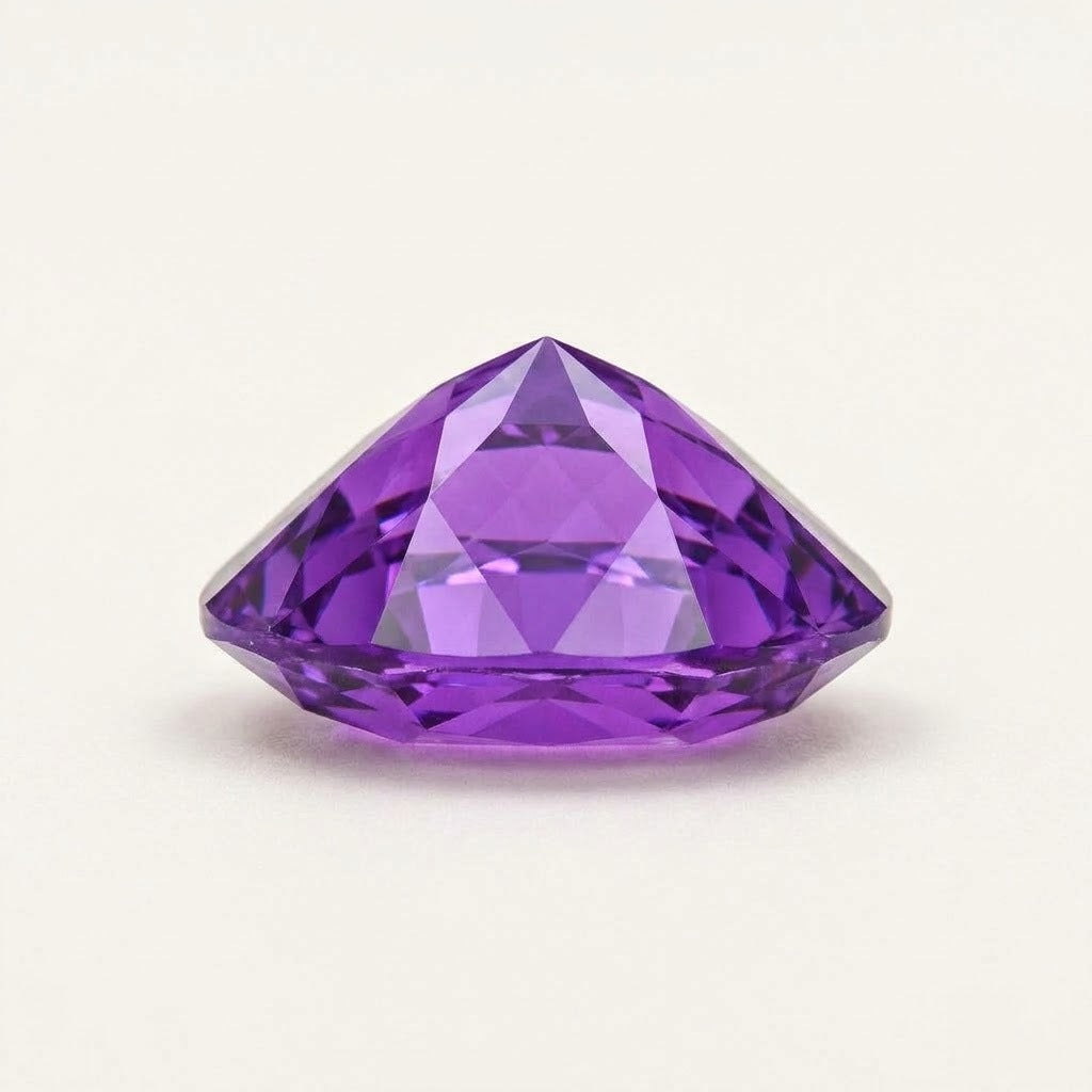 Purple lab-grown sapphire, pear cut, side view